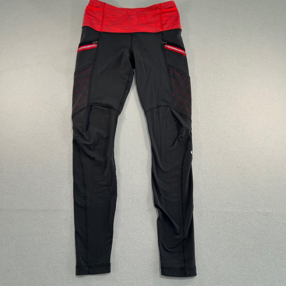 Lululemon Leggings Women 8 Black Red Zipper Pocket Quilted Moto Athletic Pants